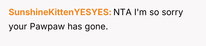 SunshineKittenYESYES NTA I'm so sorry your Pawpaw has gone.