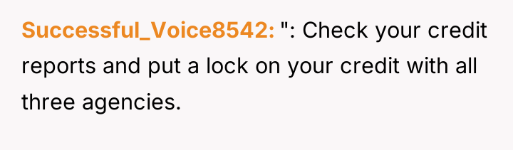 Successful_Voice8542 ": Check your credit reports and put a lock...