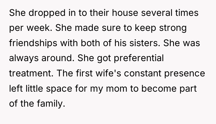 She dropped in to their house several times per week....