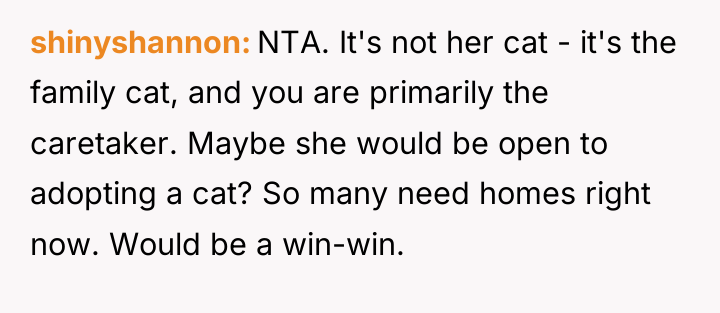 shinyshannon NTA. It's not her cat - it's the family...
