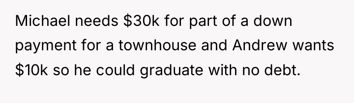 Michael needs $30k for part of a down payment for...