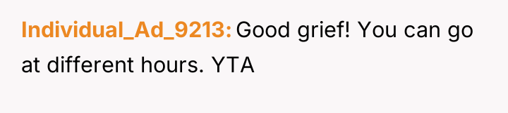 Individual_Ad_9213 Good grief! You can go at different hours. YTA
