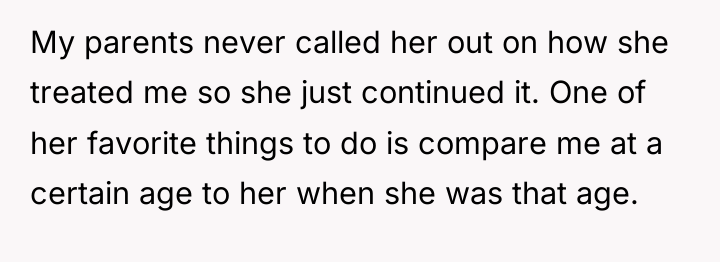 My parents never called her out on how she treated...