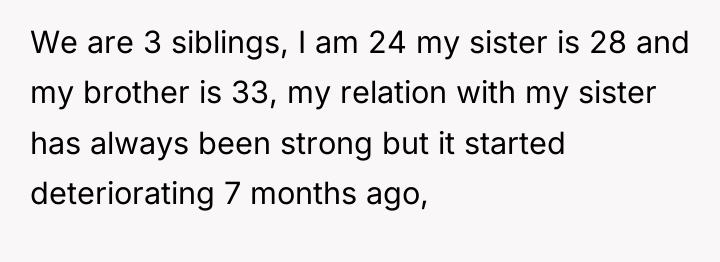 We are 3 siblings, I am 24 my sister is...