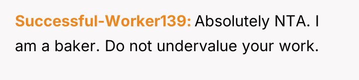 Successful-Worker139 Absolutely NTA. I am a baker. Do not undervalue...