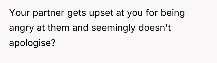 Your partner gets upset at you for being angry at...