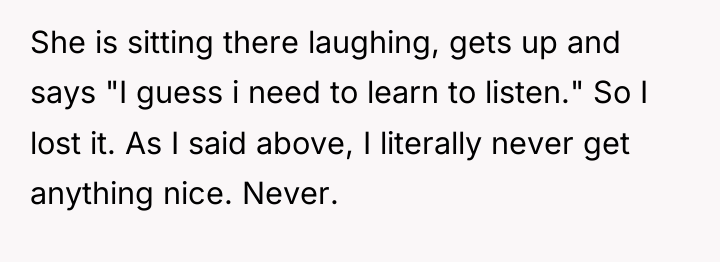 She is sitting there laughing, gets up and says "I...