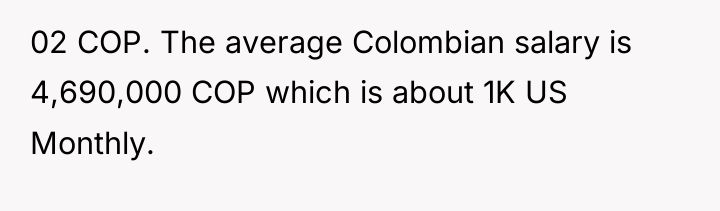 02 COP. The average Colombian salary is 4,690,000 COP which...