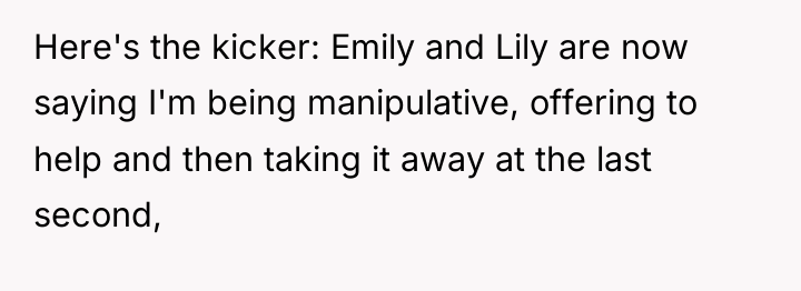 Here's the kicker: Emily and Lily are now saying I'm...