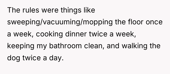 The rules were things like sweeping/vacuuming/mopping the floor once a...