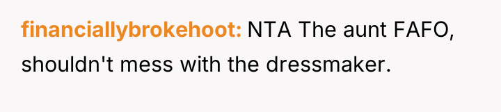 financiallybrokehoot NTA The aunt FAFO, shouldn't mess with the dressmaker.
