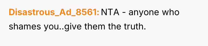 Disastrous_Ad_8561 NTA - anyone who shames you..give them the truth.