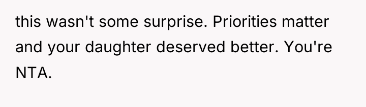 this wasn't some surprise. Priorities matter and your daughter deserved...