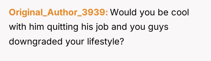 Original_Author_3939 Would you be cool with him quitting his job...