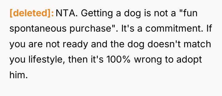 [deleted] NTA. Getting a dog is not a "fun spontaneous...