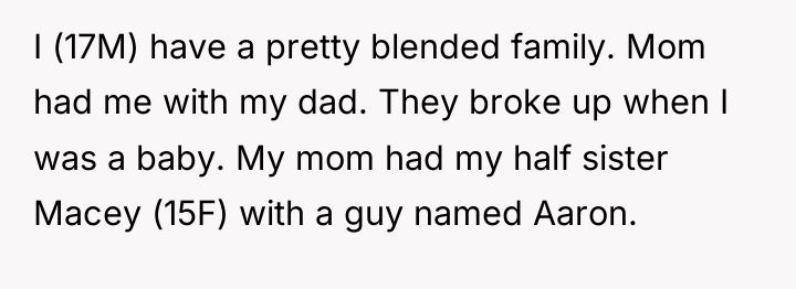 I (17M) have a pretty blended family. Mom had me...