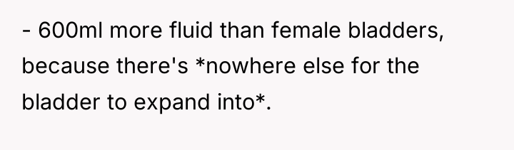- 600ml more fluid than female bladders, because there's *nowhere...