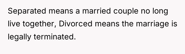 Separated means a married couple no long live together, Divorced...