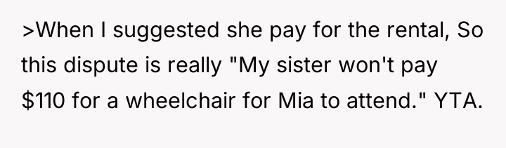 >When I suggested she pay for the rental, So this...