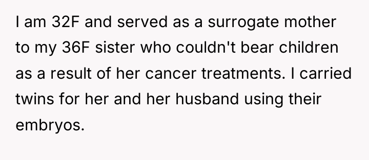 I am 32F and served as a surrogate mother to...