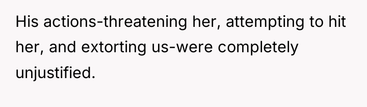 His actions-threatening her, attempting to hit her, and extorting us-were...