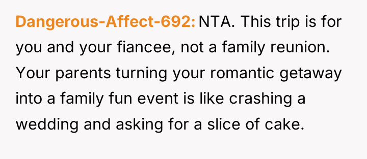 Dangerous-Affect-692 NTA. This trip is for you and your fiancee,...