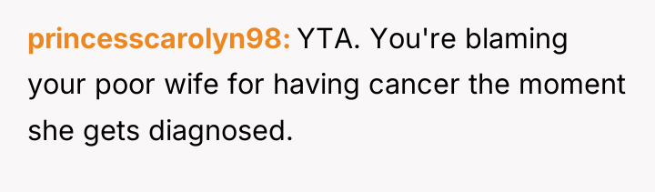 princesscarolyn98 YTA. You're blaming your poor wife for having cancer...