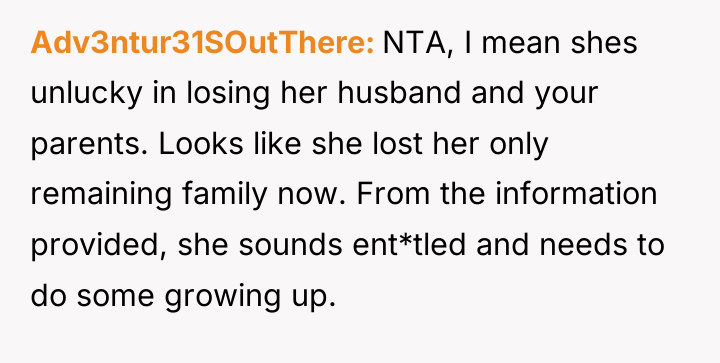 Adv3ntur31SOutThere NTA, I mean shes unlucky in losing her husband...
