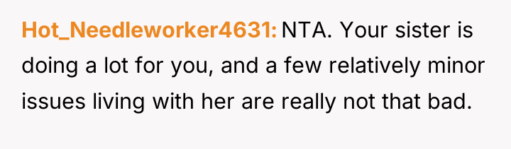 Hot_Needleworker4631 NTA. Your sister is doing a lot for you,...