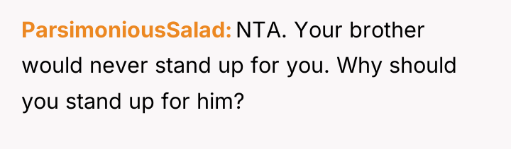 ParsimoniousSalad NTA. Your brother would never stand up for you....