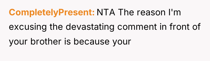 CompletelyPresent NTA The reason I'm excusing the devastating comment in...