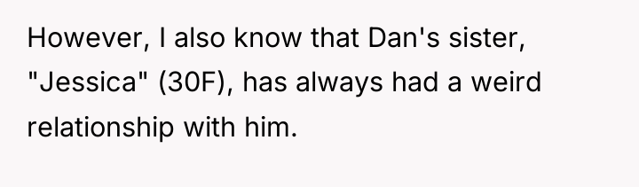 However, I also know that Dan's sister, "Jessica" (30F), has...
