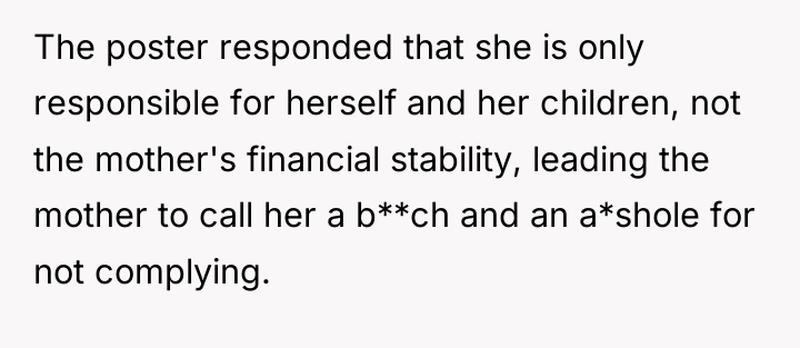 The poster responded that she is only responsible for herself...