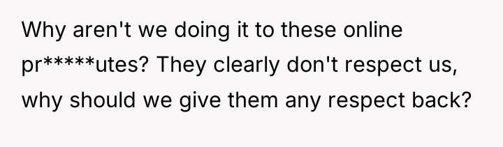Why aren't we doing it to these online pr*****utes? They...