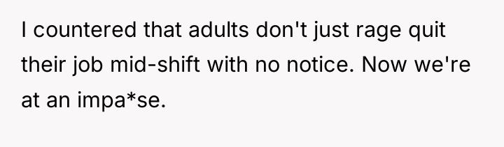 I countered that adults don't just rage quit their job...