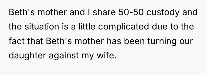Beth's mother and I share 50-50 custody and the situation...