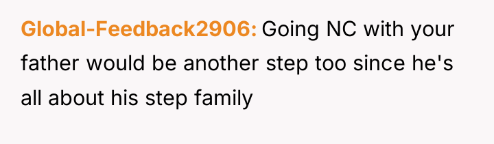 Global-Feedback2906 Going NC with your father would be another step...