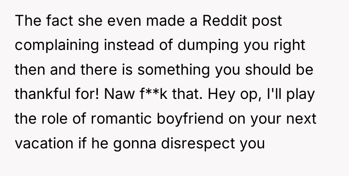 The fact she even made a Reddit post complaining instead...