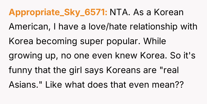 Appropriate_Sky_6571 NTA. As a Korean American, I have a love/hate...