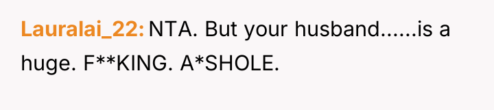 Lauralai_22 NTA. But your husband......is a huge. F**KING. A*SHOLE.