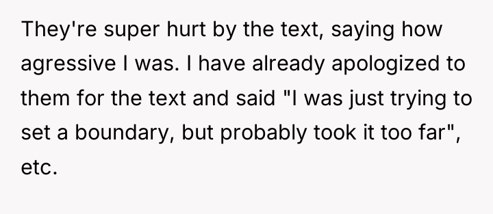 They're super hurt by the text, saying how agressive I...