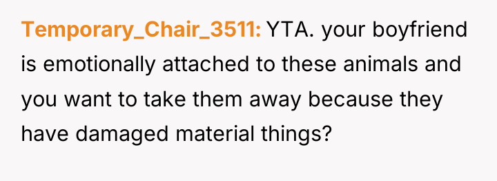 Temporary_Chair_3511 YTA. your boyfriend is emotionally attached to these animals...
