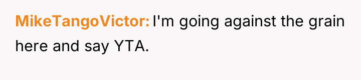 MikeTangoVictor I'm going against the grain here and say YTA.