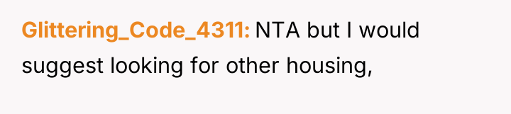 Glittering_Code_4311 NTA but I would suggest looking for other housing,