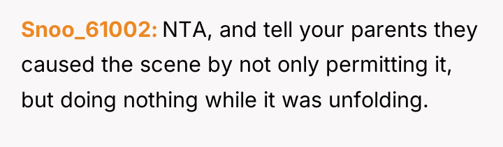 Snoo_61002 NTA, and tell your parents they caused the scene...