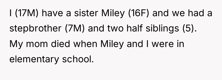I (17M) have a sister Miley (16F) and we had...