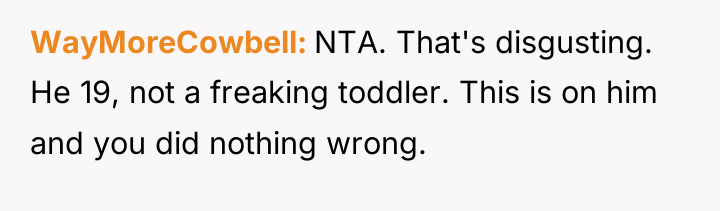 WayMoreCowbell NTA. That's disgusting. He 19, not a freaking toddler....