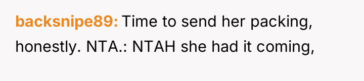 backsnipe89 Time to send her packing, honestly. NTA.: NTAH she...