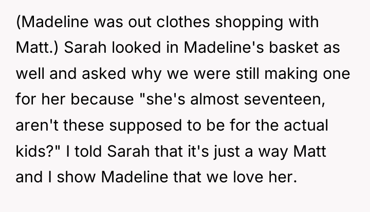 (Madeline was out clothes shopping with Matt.) Sarah looked in...