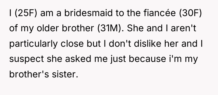 I (25F) am a bridesmaid to the fiancée (30F) of...